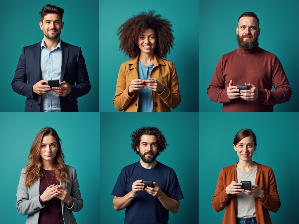 A diverse group of individuals from the Deaf community engaging with various assistive technologies, such as AI-powered sign language recognition devices, modern hearing aids, and visual alert systems, all highlighted with colors: vibrant teal and deep navy blue. Real photo. AI Image