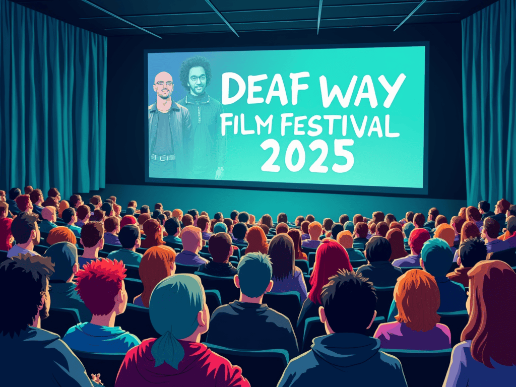 A vibrant scene depicting a diverse audience at the Deaf Way Film Festival 2025, with a large cinema screen displaying a Deaf filmmaker's work, all highlighted with colors: vibrant teal and deep navy blue. AI Image