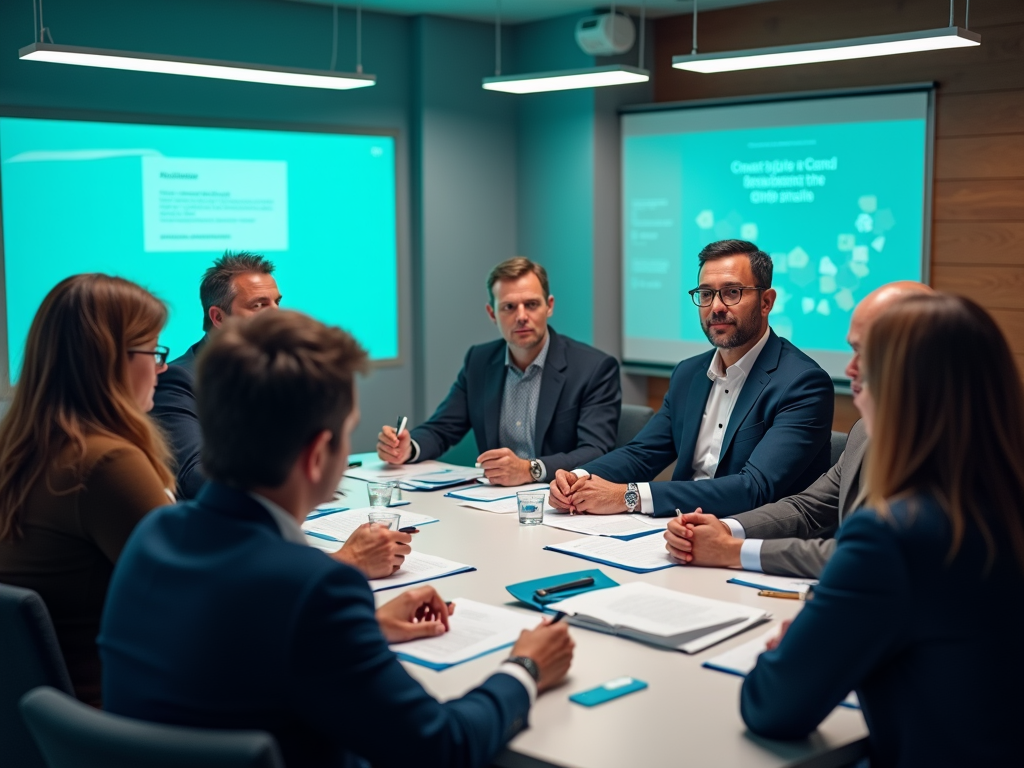 A diverse group of Deaf leaders engaging in a dynamic political discussion in a modern setting, with visual elements of digital screens and policy documents in the background, all highlighted with colors: vibrant teal and deep navy blue. AI Image