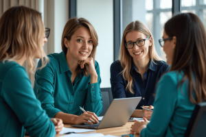 An inclusive workspace scene featuring Deaf professionals engaging in a supportive group discussion, with digital devices and visual aids, accented with colors: vibrant teal and deep navy blue. AI Image