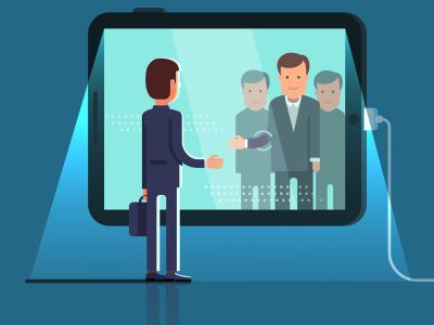 Conference video call via huge tablet computer. Business man reaching through the glass to shake hands with group of partners on conference video call via huge tablet computer. Flat style concept vector illustration isolated on dark background.