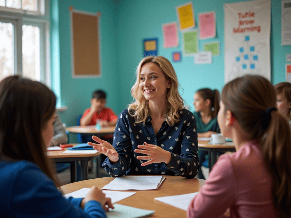 Image of an inclusive classroom scene with a teacher using American Sign Language with Deaf and hearing students. The room features turquoise and dark navy blue accents in posters and decor. The mood is warm and collaborative, highlighting Deaf culture and accessible learning. AI Image