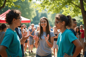 A vibrant outdoor summer scene: Deaf and hearing teens play sign-language charades, ASL mentors lead group games under a sunny pavilion. Use turquoise and dark navy blue accents—on banners, shirts, and posters. AI Image