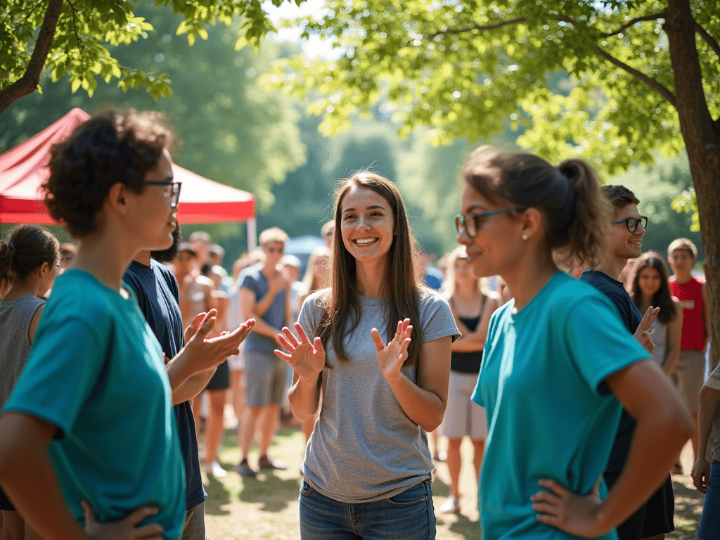A vibrant outdoor summer scene: Deaf and hearing teens play sign-language charades, ASL mentors lead group games under a sunny pavilion. Use turquoise and dark navy blue accents—on banners, shirts, and posters. AI Image