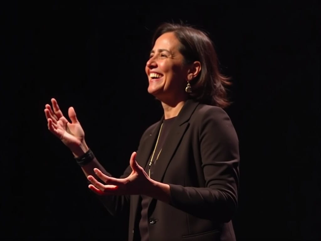 dynamic illustration of a Deaf poet signing an ASL poem on a stage with expressive facial grammar and hands in motion